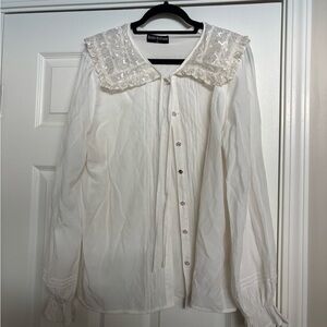 Elegant White Lace Collar Button Down Shirt